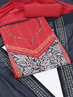 Kami Kubi - Red Floral Printed Sequined Unstitched Kurta with Bottom and Dupatta