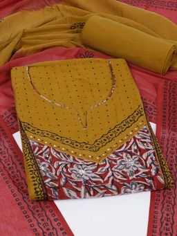Kami Kubi - Mustard Floral Printed Sequined Unstitched Kurta with Bottom and Dupatta