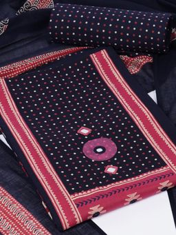 Kami Kubi - Navy Blue Polka Dot Mirror Work Unstitched Kurta with Bottom and Dupatta