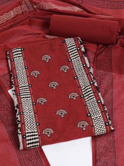 Kami Kubi - Rust Cotton Embroidered Unstitched Kurta with Pant and Dupatta