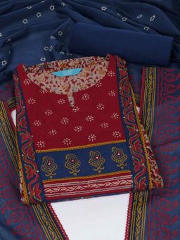 Kami Kubi - Maroon Cotton Floral Unstitched Kurta with Pant and Dupatta