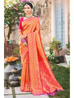 Sangam Prints - Peach Silk Woven Zari Work Traditional Tassel Saree with Unstitched Blouse
