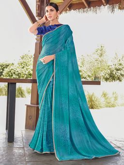 Odette - Womens Georgette Teal blue Printed Saree with Unstitched Blouse