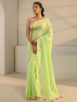 Libas - Green Zari Border Handloom Saree with Unstitched Blouse