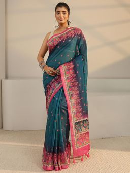 Libas - Teal Floral Printed Saree with Unstitched Blouse