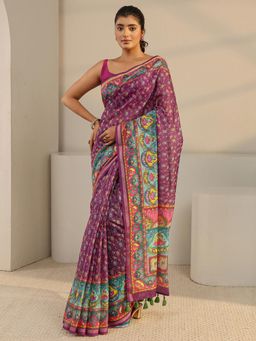 Libas - Purple Tribal Printed Saree with Unstitched Blouse