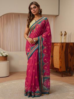Libas - Pink Floral Printed Saree with Unstitched Blouse