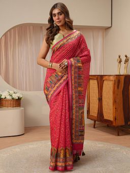 Libas - Pink Floral Printed Saree with Unstitched Blouse
