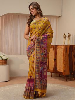 Libas - Mustard Tribal Printed Saree with Unstitched Blouse