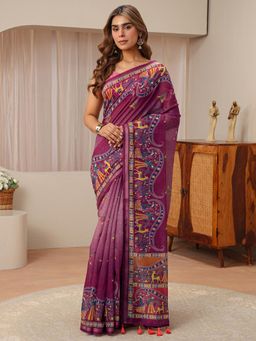 Libas - Purple Tribal Printed Saree with Unstitched Blouse