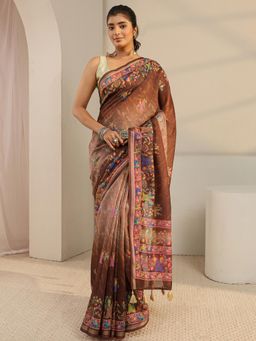 Libas - Brown Floral Printed Saree with Unstitched Blouse
