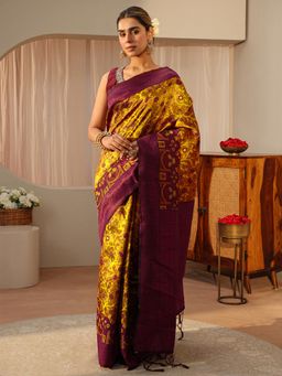 Libas - Mustard Floral Woven Zari Border Saree with Unstitched Blouse