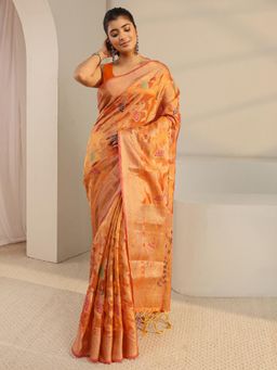 Libas - Mustard Floral Woven Zari Border Saree with Unstitched Blouse