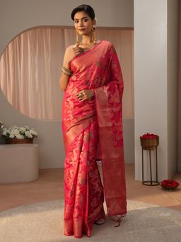 Libas - Pink Floral Woven Zari Border Saree with Unstitched Blouse