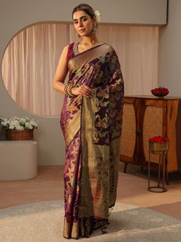 Libas - Purple Floral Woven Zari Border Saree with Unstitched Blouse