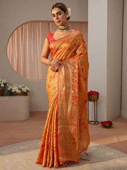 Libas - Orange Floral Woven Zari Border Saree with Unstitched Blouse