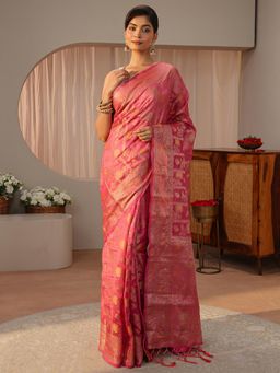 Libas - Pink Floral Woven Zari Border Saree with Unstitched Blouse