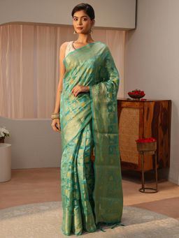 Libas - Green Floral Woven Zari Border Saree with Unstitched Blouse
