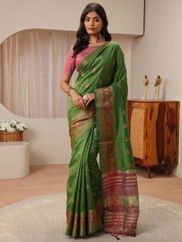 Libas - Green Ethnic Motif Woven Zari Border Saree with Unstitched Blouse