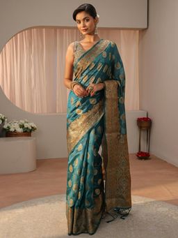 Libas - Teal Ethnic Motif Woven Zari Border Saree with Unstitched Blouse