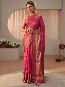 Libas - Pink Ethnic Motif Woven Zari Border Saree with Unstitched Blouse