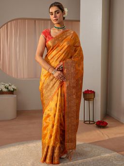 Libas - Mustard Ethnic Motif Woven Zari Border Saree with Unstitched Blouse