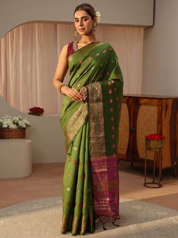 Libas - Olive Ethnic Motif Woven Zari Border Saree with Unstitched Blouse