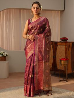 Libas - Burgundy Ethnic Motif Woven Zari Border Saree with Unstitched Blouse