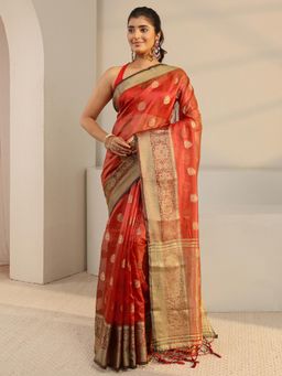 Libas - Rust Ethnic Motif Woven Zari Border Saree with Unstitched Blouse