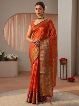Libas - Mustard Ethnic Motif Woven Zari Border Saree with Unstitched Blouse