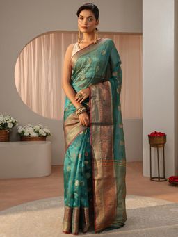 Libas - Blue Ethnic Motif Woven Zari Border Saree with Unstitched Blouse