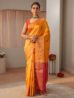 Libas - Mustard Floral Woven Zari Border Saree with Unstitched Blouse