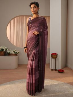 Libas - Mauve Striped Embellished Border Saree with Unstitched Blouse