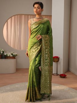 Libas - Green Ethnic Motif Woven Zari Border Saree with Unstitched Blouse