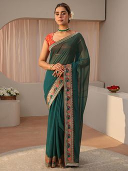 Libas - Green Embroidered Border Saree with Unstitched Blouse