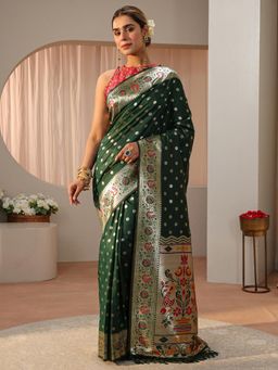 Libas - Green Ethnic Motif Woven Zari Border Saree with Unstitched Blouse