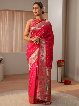 Libas - Pink Ethnic Motif Woven Zari Border Saree with Unstitched Blouse