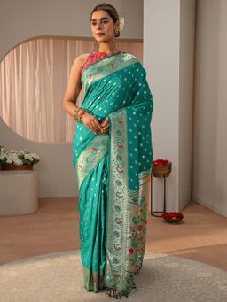 Libas - Green Ethnic Motif Woven Zari Border Saree with Unstitched Blouse