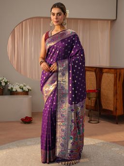 Libas - Purple Ethnic Motif Woven Zari Border Saree with Unstitched Blouse