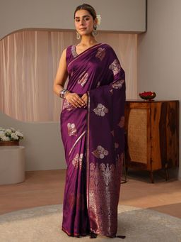 Libas - Purple Floral Woven Zari Border Saree with Unstitched Blouse