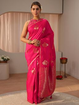 Libas - Pink Floral Woven Zari Border Saree with Unstitched Blouse