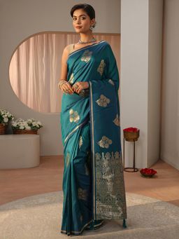 Libas - Green Floral Woven Zari Border Saree with Unstitched Blouse