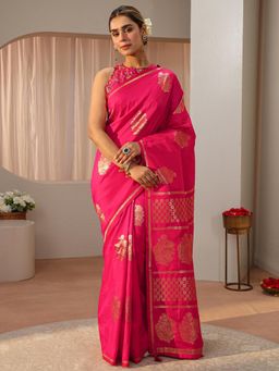 Libas - Pink Floral Woven Zari Border Saree with Unstitched Blouse
