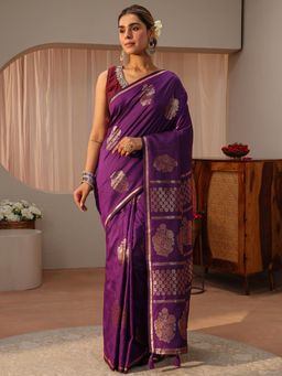 Libas - Purple Floral Woven Zari Border Saree with Unstitched Blouse