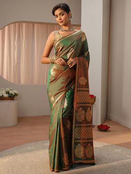 Libas - Green Floral Woven Zari Border Saree with Unstitched Blouse