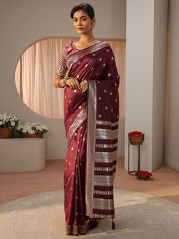 Libas - Maroon Floral Woven Zari Border Saree with Unstitched Blouse