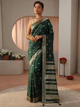 Libas - Green Floral Woven Zari Border Saree with Unstitched Blouse