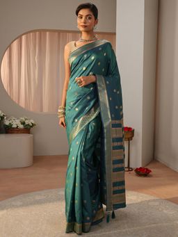 Libas - Teal Floral Woven Zari Border Saree with Unstitched Blouse
