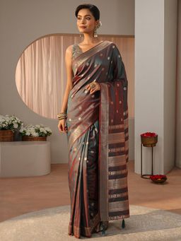 Libas - Grey Floral Woven Zari Border Saree with Unstitched Blouse