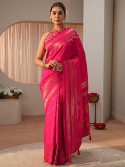 Libas - Pink Floral Woven Zari Border Saree with Unstitched Blouse